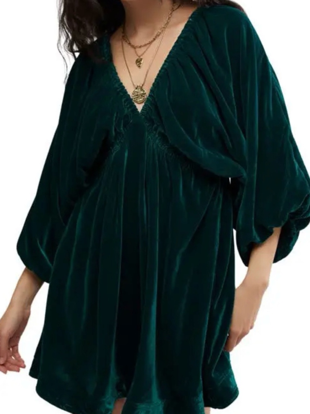 Free People Forest Green Velvet V-Neck Mini Dress